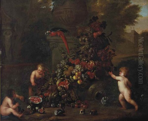 A Park Landscape With Putti Adorning A Classical Ornament With An Abundance Of Fruit - view 1