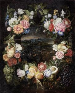 An Extensive River Landscape Surrounded By A Garland Of Flowers And Fruit