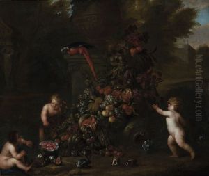 Putti Decorating A Classical Garden Ornament With A Festoon Of Flowers In A Landscape Putti Decorating A Classical Garden Ornament With A Festoon Of Flowers In A Landscape