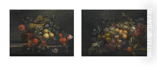 Still Life Of Grapes, Oranges, Figs, A Melon, Flowers And A Red Lacquer Box, All Upon A Stone Ledge; Still Life Of Pears, Grapes, Peaches, Figs, Flowers And A Woven Basket, All Upon A Stone Ledge (pair) - view 1
