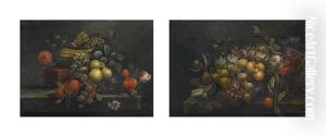 Still Life Of Grapes, Oranges, Figs, A Melon, Flowers And A Red Lacquer Box, All Upon A Stone Ledge; Still Life Of Pears, Grapes, Peaches, Figs, Flowers And A Woven Basket, All Upon A Stone Ledge (pair) by Jan Pauwel Gillemans the Younger