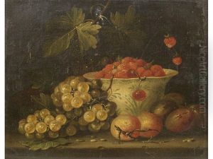 A Dish Of Wild Strawberries With Grapes And Plums On A Stone Ledge