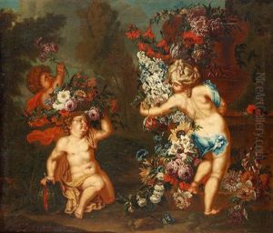 Lekande Barn Med Blomster by Jan Pauwel Gillemans the Younger