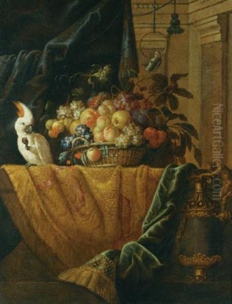 A Still Life With A Basket Of Fruit And A Parakeet Upon A Ledge Draped With A Damask Beside An Ormolu Mounted Porphyry Vase - view 1