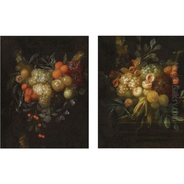 A Swag Of Blue And White Grapes, Oranges, Chestnuts, Cherries And Apricots (+ A Swag Of Blue And White Grapes, Chestnuts, Lemons, Peaches And Corn On A Ledge; Pair) - view 1