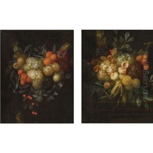 A Swag Of Blue And White Grapes, Oranges, Chestnuts, Cherries And Apricots (+ A Swag Of Blue And White Grapes, Chestnuts, Lemons, Peaches And Corn On A Ledge; Pair)