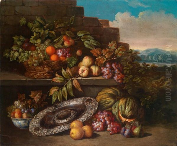 Ein Stillleben Von Fruchten Und Einer Silbernen Prunkschale Auf Einem Sockel In Einer Weiten Landschaft - view 1