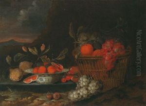 Stilleben Mit Fruchten In Einer Wan Li Krak-porzellan-schale Und In Einem Korb In Einer Gebirgigen Landschaft