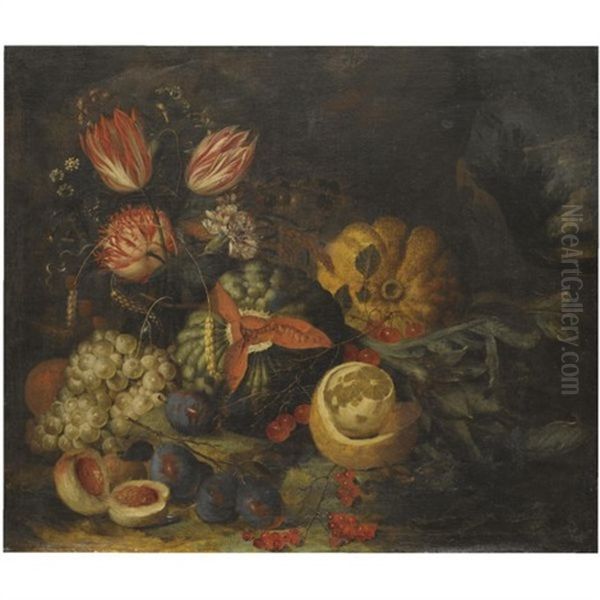 A Still Life With Tulips, Carnations, Grapes, Melons, Peaches, Cherries And A Partly Peeled Lemon by Jan Pauwel Gillemans the Younger