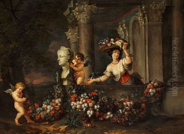 A Young Lady With A Flower Basket In A Classical Architectural Fantasy - view 1