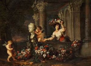 A Young Lady With A Flower Basket In A Classical Architectural Fantasy by Jan Pauwel Gillemans the Younger