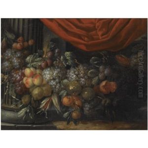 A Garland Of Blue And White Grapes, Peaches, Oranges, Lemons And Prunes, Figs, Corn And Chestnuts, In A Landscape Near A Classical Column