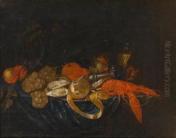 A Pewter Dish Of Oysters, Lobster And A Peeled Lemon On A Draped Table With Grapes, Oranges And A Roemer Of White Wine - view 1