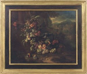 Grapes, Pumpkins, Melons And Other Fruit, A Parrot And Two Guinea-pigs In An Italianate Landscape