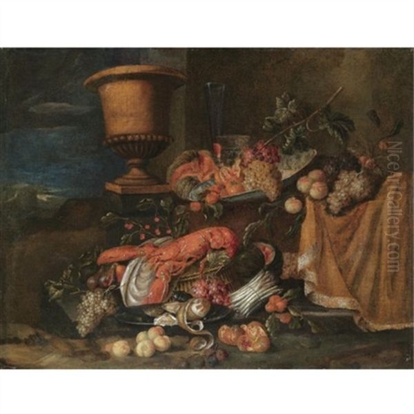 A Still Life With A Lobster Together With Grapes, Melons, Figs Pommegranates And Various Other Fruits, Together With An Urn And Various Bowls In A Landscape - view 1