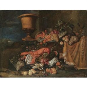 A Still Life With A Lobster Together With Grapes, Melons, Figs Pommegranates And Various Other Fruits, Together With An Urn And Various Bowls In A Landscape by Jan Pauwel Gillemans the Younger