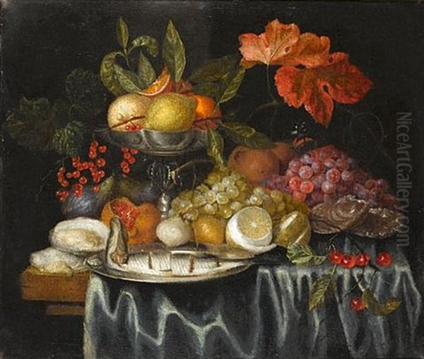 A Still Life Of Oysters, A Silver Tazza With Oranges And Lemons, Fish On A Silver Dish And Other Fruit On A Table Draped With A Blue Cloth - view 1
