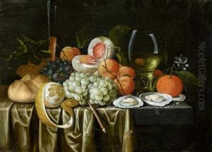 Still Life With A Roemer, Oysters, Oranges, Grapes, Apricots, A Peach, A Bun And A Lemon Together On A Stone Ledge Draped With A Cloth by Jan Pauwel Gillemans the Younger