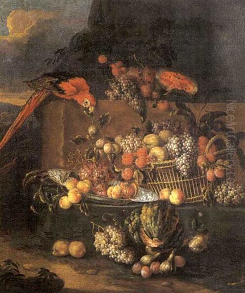 Nature Morte Aux Raisins, Fruits Et Perroquets Sur Un Entablement - view 1