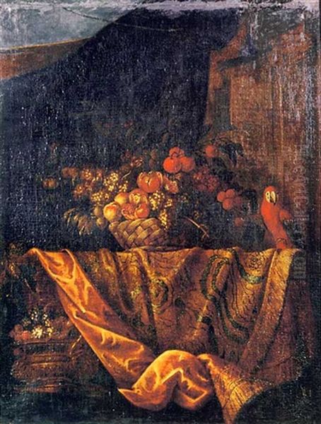Peaches And Grapes In A Basket On A Draped Table With A Parrot, In An Interior - view 1