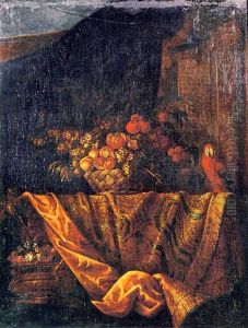 Peaches And Grapes In A Basket On A Draped Table With A Parrot, In An Interior