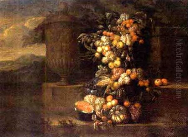 Stillleben Mit Melonen, Weintrauben, Pfirsichen, Feigen, Zitronen Und Granatapfeln Neben Einer Steinernen Vase In Einem Schlosspark - view 1