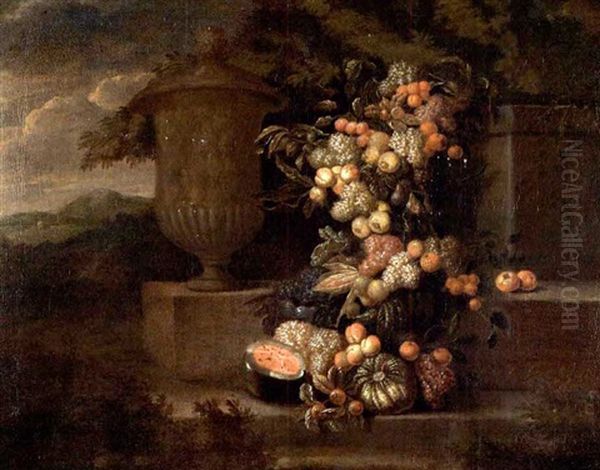 Stilleben Aus Melonen, Trauben, Pfirsichen, Feigen, Zitronen Und Granatapfeln Auf Einen Steinpodest In Einer Landschaft Mit Groser Urnenvase - view 1