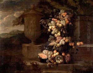 Stilleben Aus Melonen, Trauben, Pfirsichen, Feigen, Zitronen Und Granatapfeln Auf Einen Steinpodest In Einer Landschaft Mit Groser Urnenvase