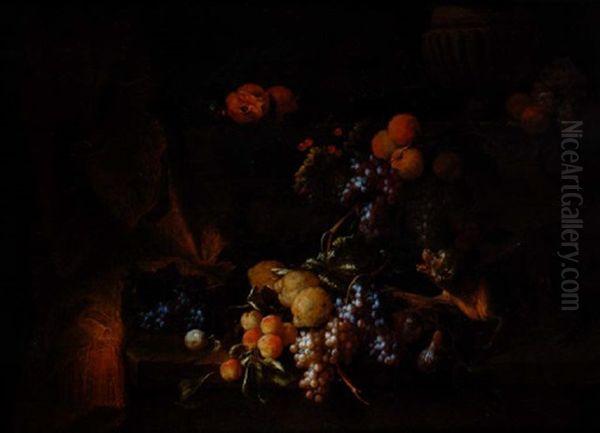 Singe Et Perroquet Se Querellant Pres De Divers Fruits Poses Sur Une Margelle De Pierre - view 1