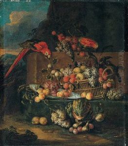 Still Life Of Fruits In A Basket And A Blue And White Dish With A Parrot In A Landscape by Jan Pauwel Gillemans the Younger