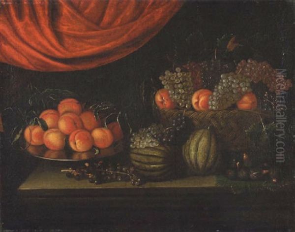 Nature Morte De Fruits: Plat De Peches, Corbeilles De Peches Et Raisins, Figues, Melons Et Raisins Voisinant Sur Un Grand Entablement Que Surplombe Une Draperie Rouge - view 1