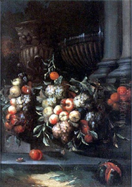 Nature Morte A La Guirlande De Fruits Ornant Une Fontaine - view 1
