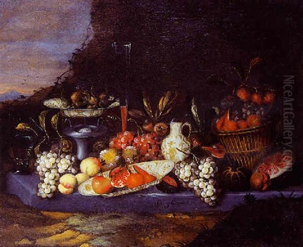 Fruits, Verres De Vin, Pichet Et Son Presentoir Voisinant Avec Une Corbeille De Fruits - view 1
