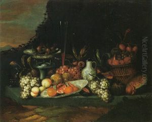 Still Life Of Grapes, Peaches, Plums, Pomegranates, And Melons In A Blue-and-white Porcelain Bowl And A Glass Roemer On A Ledge