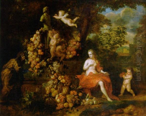 Vertumnus And Pomona, Putti Decorating A Statue Of Pan With A Swag Of Fruit, In A Landscape - view 1