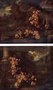 Still Life Of Fruit Swags In An Ornamental Garden by Jan Pauwel Gillemans the Younger