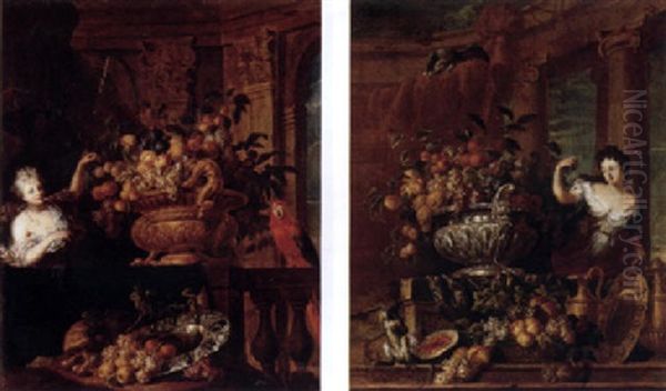 A Gilt Bowl, Grapes, Oranges, Apples And Other Fruit With A Macaw And A Lady By A Partially Draped Ledge Before An Archway - view 1