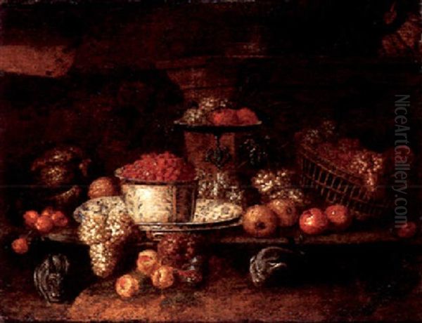 A Still Life Of Grapes, Apples, Figs, And Other Fruit In A Wan-li Porcelain Bowl, And Rabbits, Within An Architectural Setting - view 1