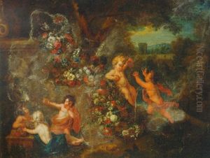 Putti Eating Fruit By A Swag Of Flowers In A Landscape Putti Eating Fruit By A Swag Of Flowers In A Landscape