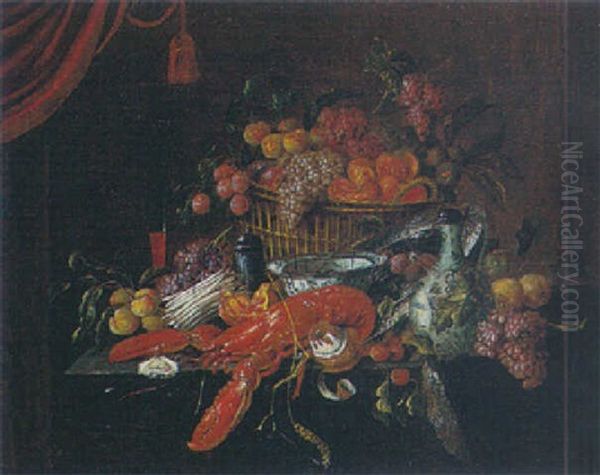 Still Life With A Basket Of Fruit, A Crayfish, Blue And White Bowl And Ewer, An Oyster And Fruits On A Table - view 1
