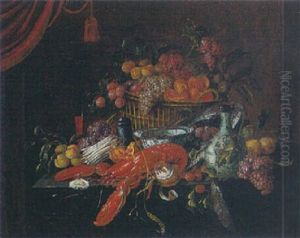 Still Life With A Basket Of Fruit, A Crayfish, Blue And White Bowl And Ewer, An Oyster And Fruits On A Table
