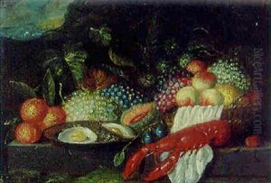 A Lobster, A Plate Of Oysters And Fruit On A Stone Ledge In A Landscape by Jan Pauwel Gillemans the Younger