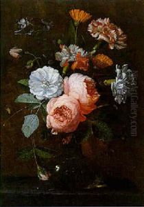 Still Life Of Roses, Carnations And Other Flowers In A Glass Vase by Jan Pauwel Gillemans the Younger