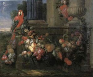 Macaw Perched Upon A Stone Plinth Beside A Swag Of Fruit by Jan Pauwel Gillemans the Younger
