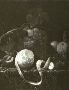 Still Life Of Grapes, Peaches, Nuts, A Fig And A Peeled Lemon On A Carpeted Ledge by Jan Pauwel Gillemans the Younger