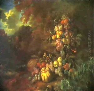 Still-life Of Fruit Beside An Urn With A Guinea Pig In An   Extensive Landscape