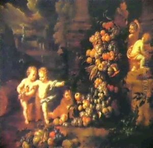 Putti Beside A Swag Of Fruit In A Park by Jan Pauwel Gillemans the Younger