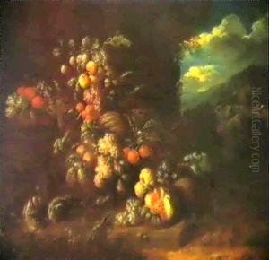 Still-life Of Fruit With Rabbits In An Extensive Landscape