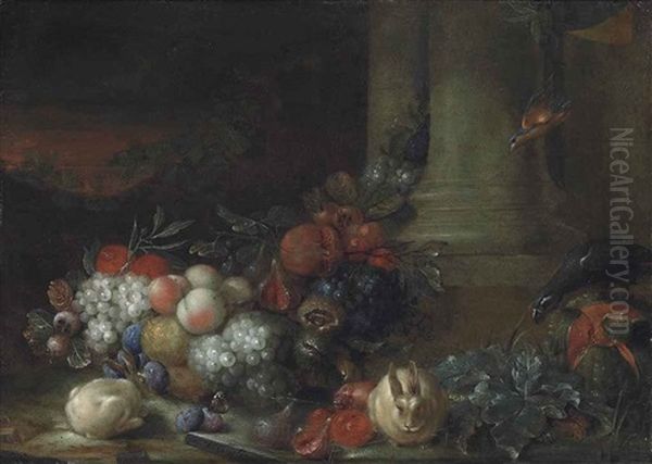 Grapes, Peaches, Figs And Other Fruit, With Two Rabbits, A Parrot And A Bird Among Classical Ruins In A Landscape - view 1