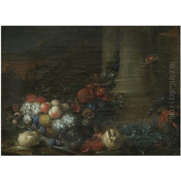 A Still Life With Peaches, Plums, Grapes, Figs, Pomegranates And Oranges, At The Base Of A Column, Together With Rabbits, A Kingfisher, A Parrot And A Butterfly - view 1